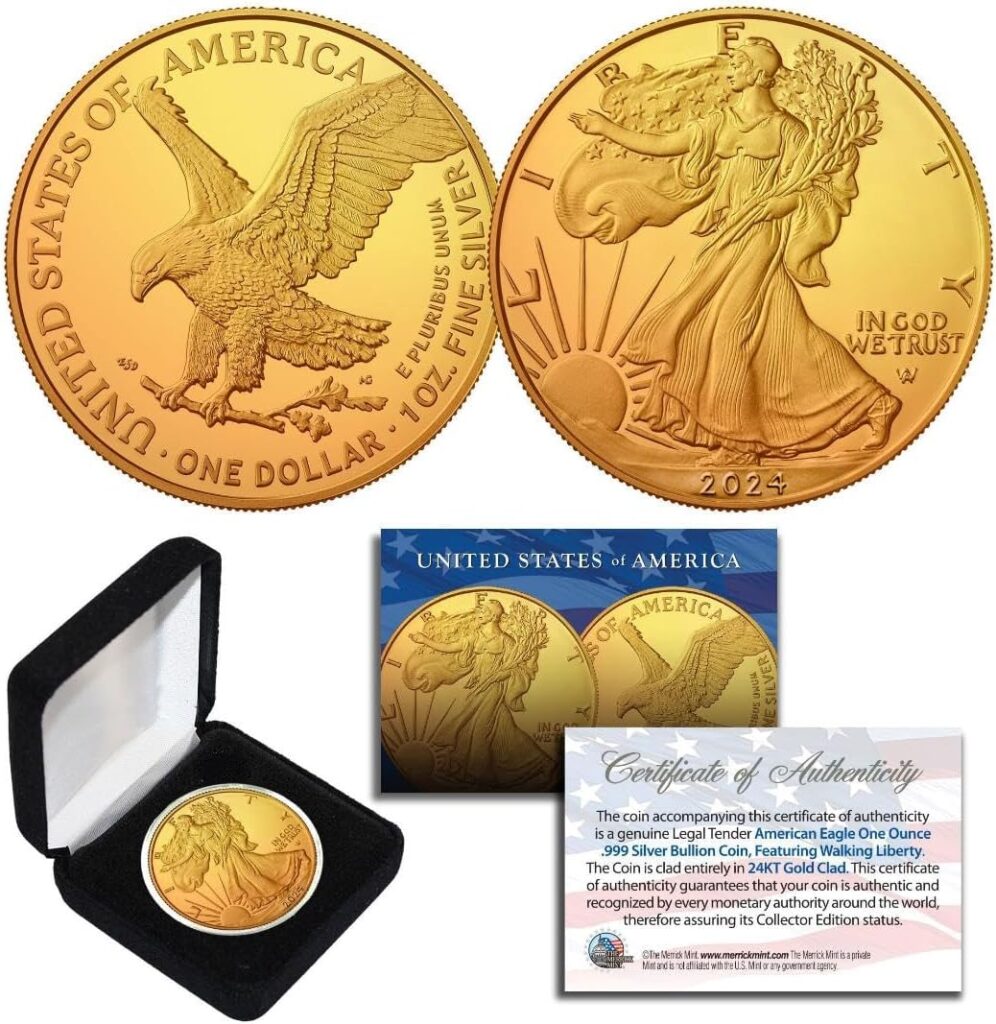 2022 1 Oz 999 Fine Silver American Eagle $1 Coin 24K Gold Gilded with Box CERT