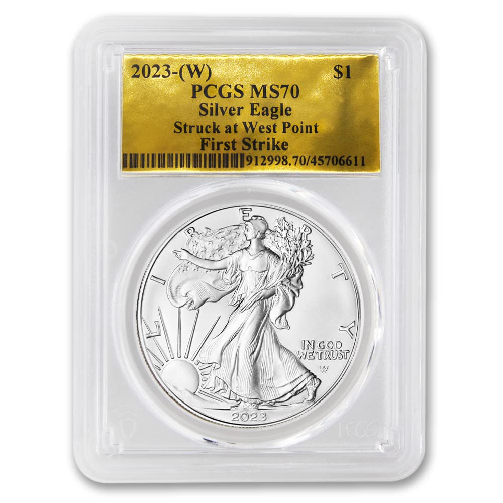 2023 (W) 1 oz American Silver Eagle Coin MS-70 (First Strike - Struck at West Point - Gold Foil Label) $1 PCGS MS70