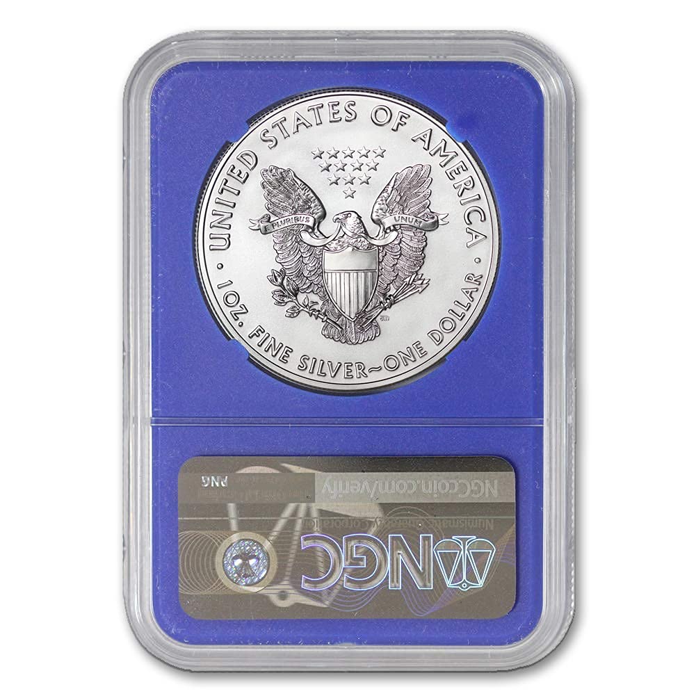2021 (W) 1 oz American Silver Eagle Coin MS70 (Heraldic Eagle T-1 - First Day of Issue - Struck at West Point Mint - Blue Core Label) by CoinFolio $1 MS-70 NGC
