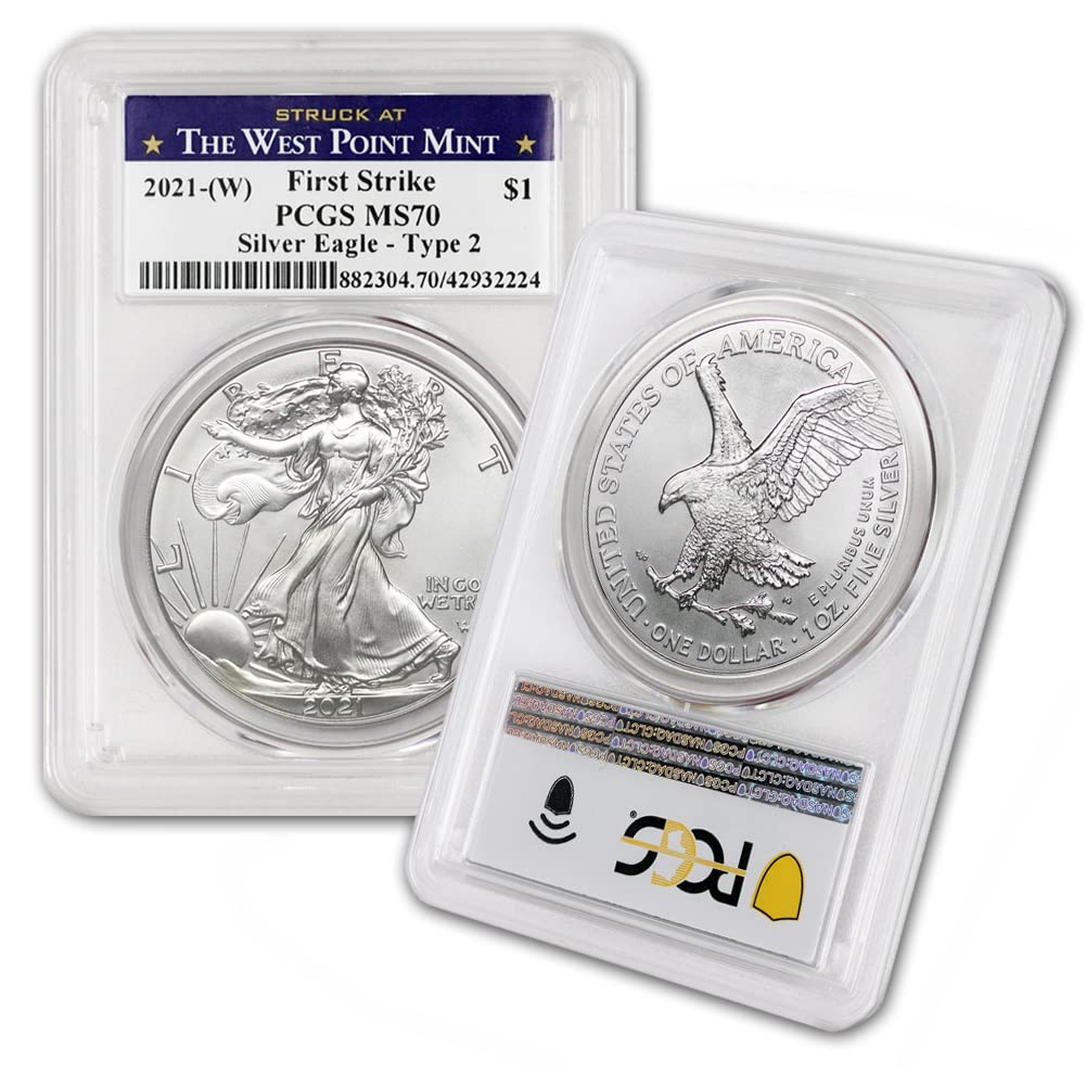 2021 (W) 1 oz American Silver Eagle Coins MS-70 (Type 2 - First Strike - Struck at The West Point Mint) by Coinfolio $1 MS70 PCGS