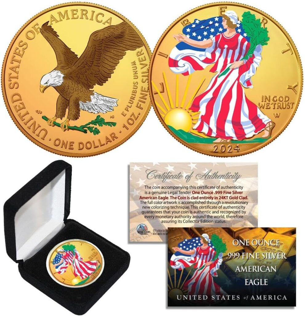 Combo 24K Gold Gilded/Color 2018 American Silver Eagle 1 Oz .999 Coin w/Box